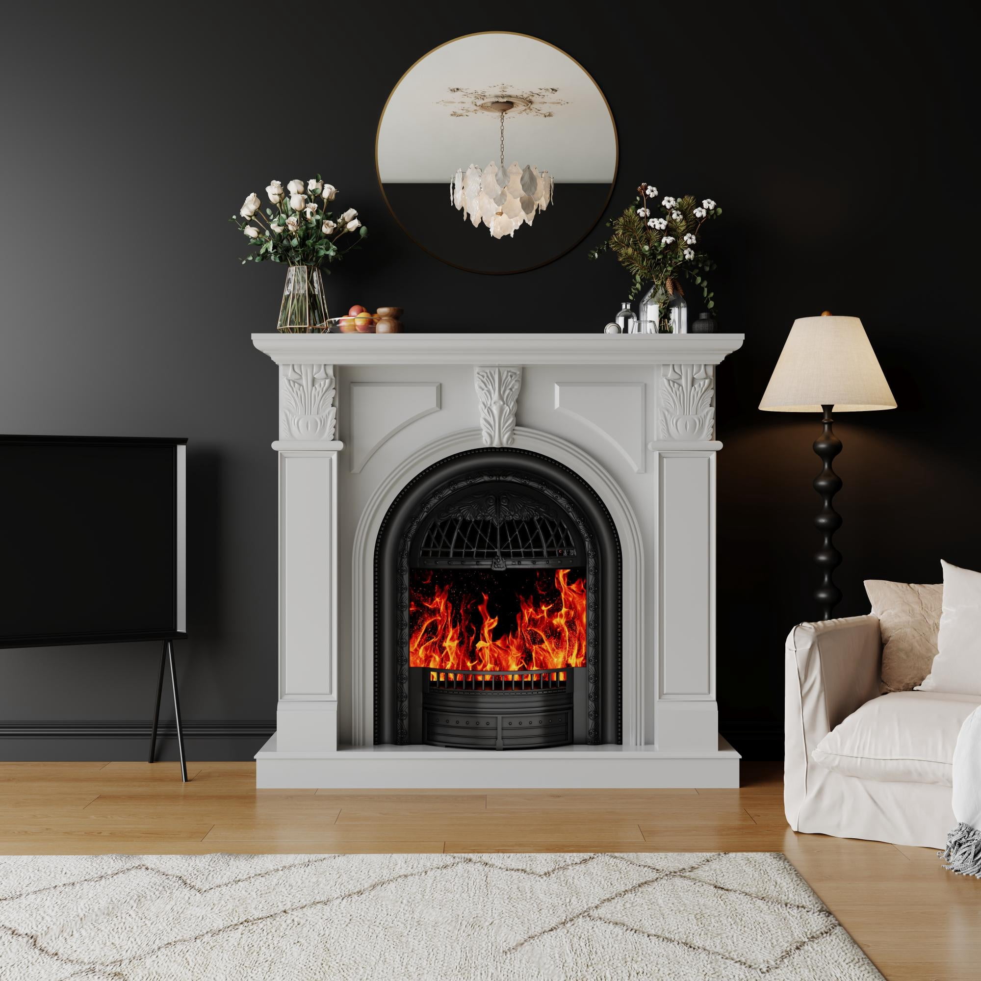 BOSHIRO Electric Fireplace with Mantel, 48 Inch Fireplace Tv Stand with Birdcage Fireplace Heater for Bedroom, Entryway Decor