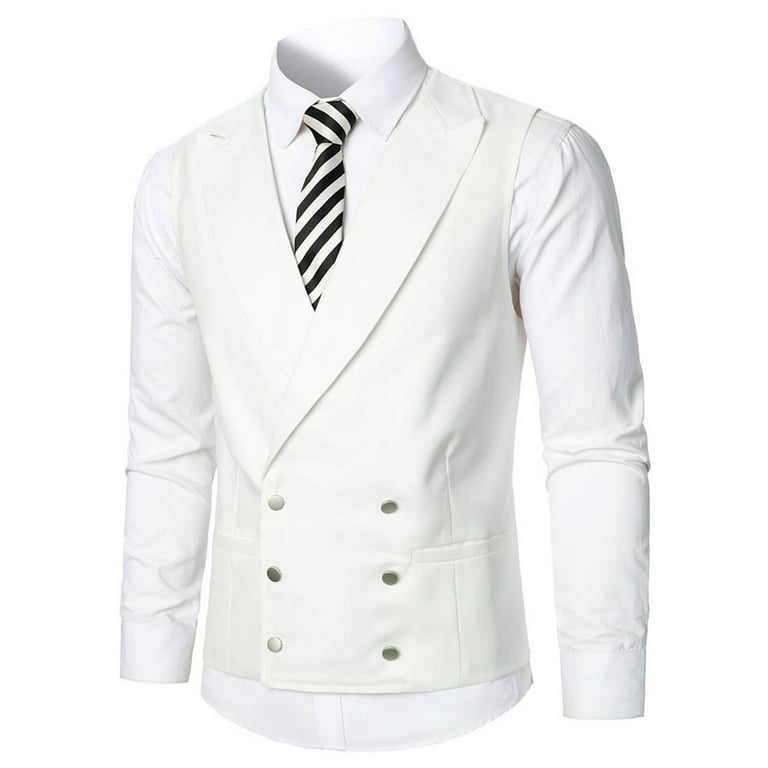 Mens Casual Wedding Party Banquet V Neck Sleeveless Slim White Double Jacket Suit Vest Men Small Shirts White XXL