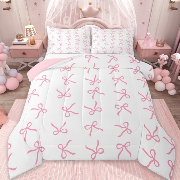 jejeloiu Ribbon Bow Knot Twin Comforter Sets,Pink Cartoon Bowtie Bedding Set For Girls Reversible 2-Piece