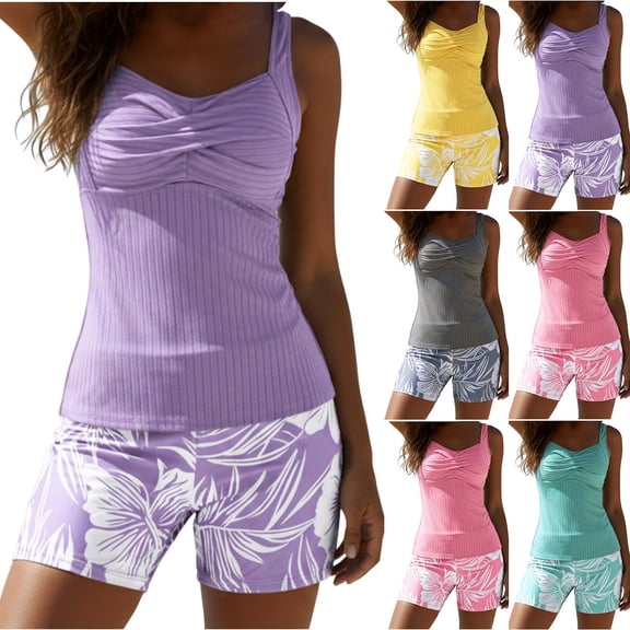 Sakmal Plus Size Tankini Btahing Suits Women Padded Swimwear Holiday Gray Solid Womens Bathing Suits L