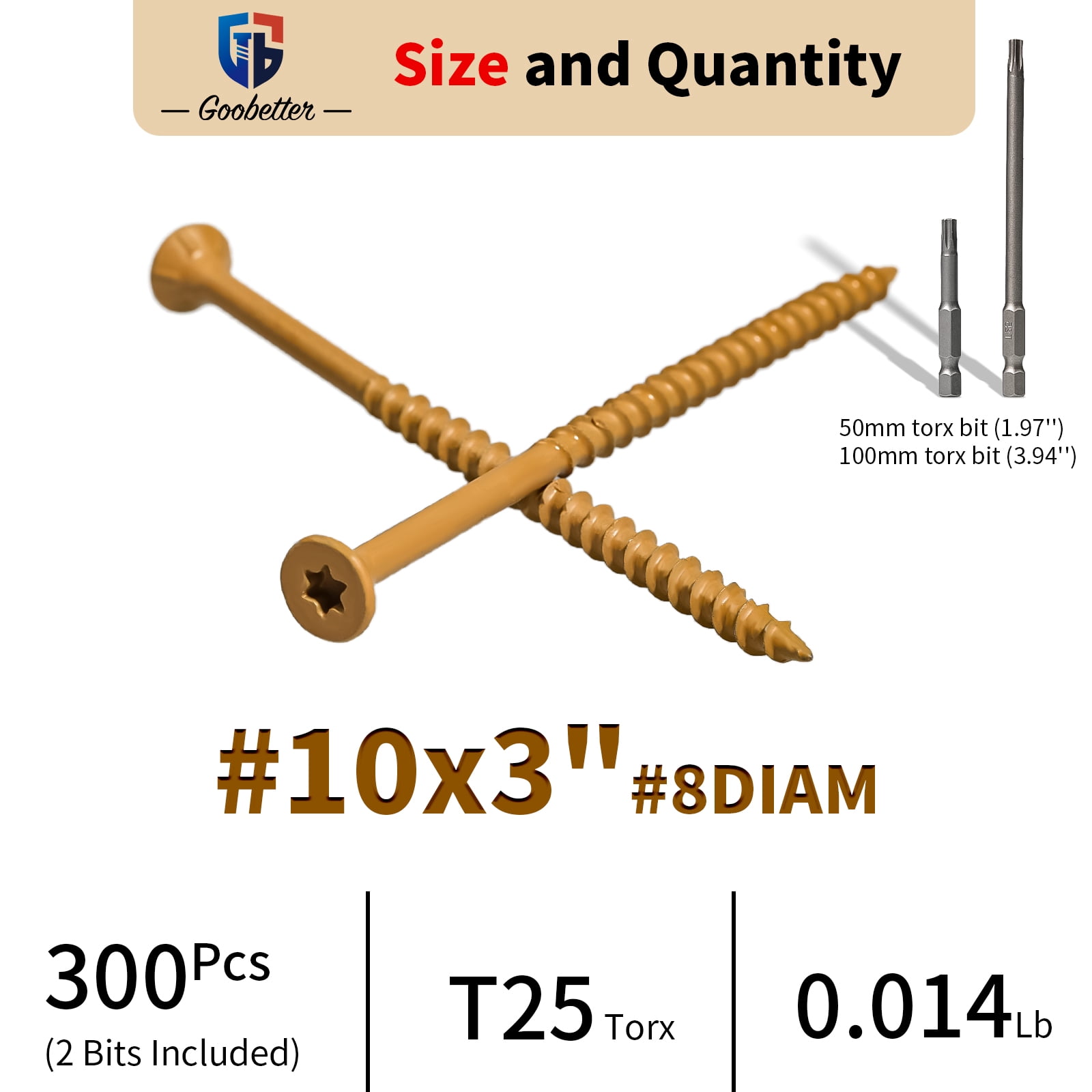 Goobetter 3 Inch Deck Screws, Wood Screws #10 x 3, 300 Pcs Torx
