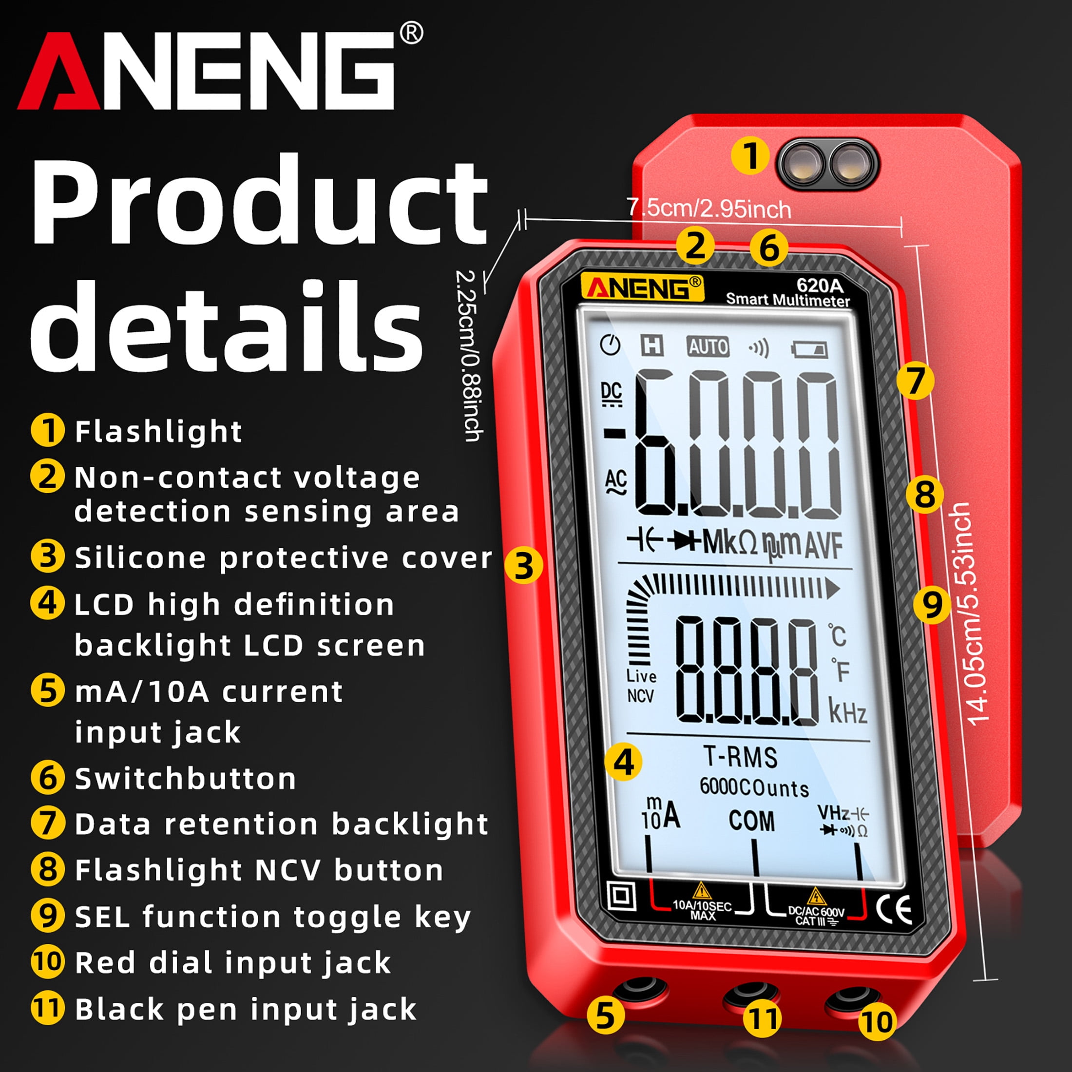 ANENG 620A Smart Digital Multimeter 6000 Counts True RMS, NCV, AC/DC Voltage/Current, Resistance/Capacitance/Temperature Tester with Flashlight