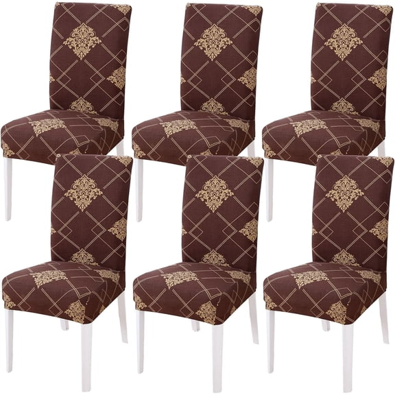 Dining Room Chair Covers Set of 6, Stretch Parsons Chair Slipcovers Removable Washable Spandex Printed Chair Seat Protector Cover for Hotel, Office, Ceremony, Banquet, Wedding Party (Brown/Gold)