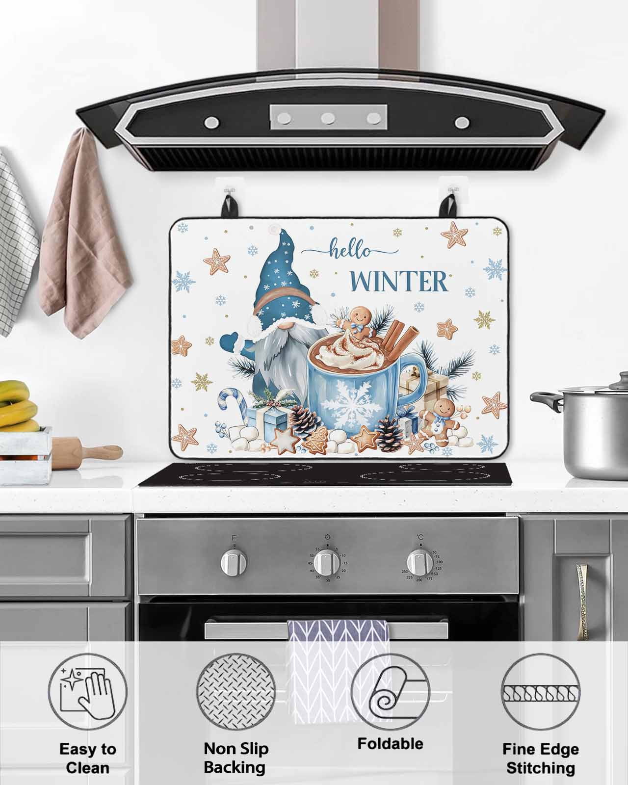 Large Induction Cooktop Protector Mat Blue Gnomes Christmas Stove Top Covers for Electric Stove, Xmas Gifts Snowflake Pine Cones Decorative Stove Burner Cover Mats, Glass Top Stove Cover