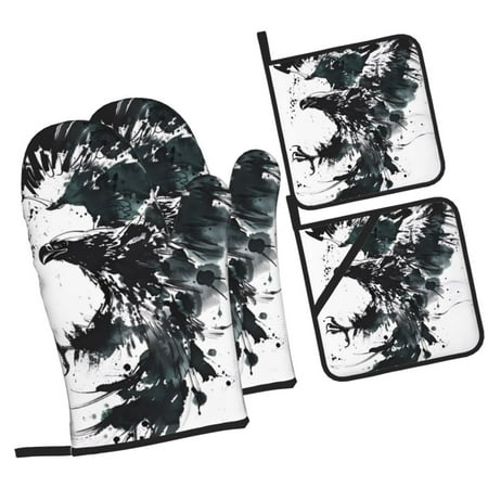 

Haiem Abstract Eagle Ink Print Extra Long Oven Mitts and Pot Holders 4pc Sets: Heat Resistant Silicone Oven Mittens with Mini Oven Gloves and Hot Pads Potholders