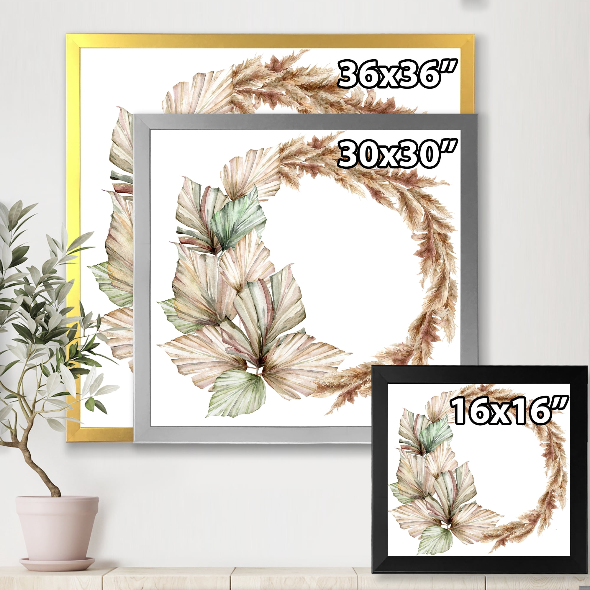 Designart 'Dry Palm Leaves and Pampas Grass With Wreath' Traditional Framed Art Print