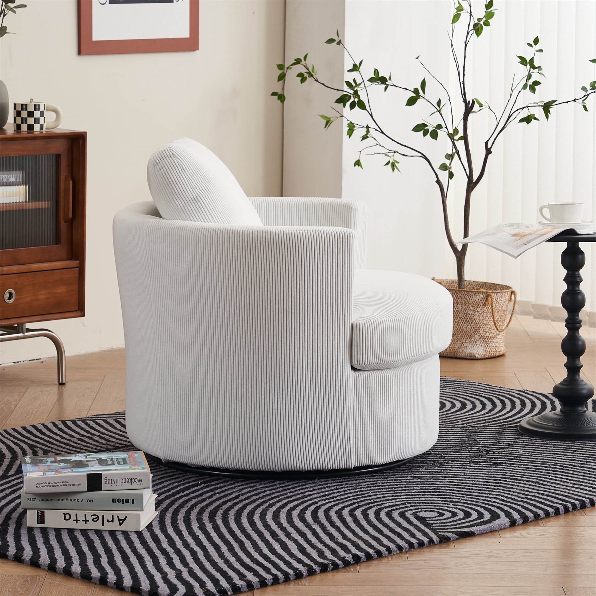 Aukfa 32" Corduroy Swivel Accent Chair Round Barrel Chair for Living Room Bedroom, Beige