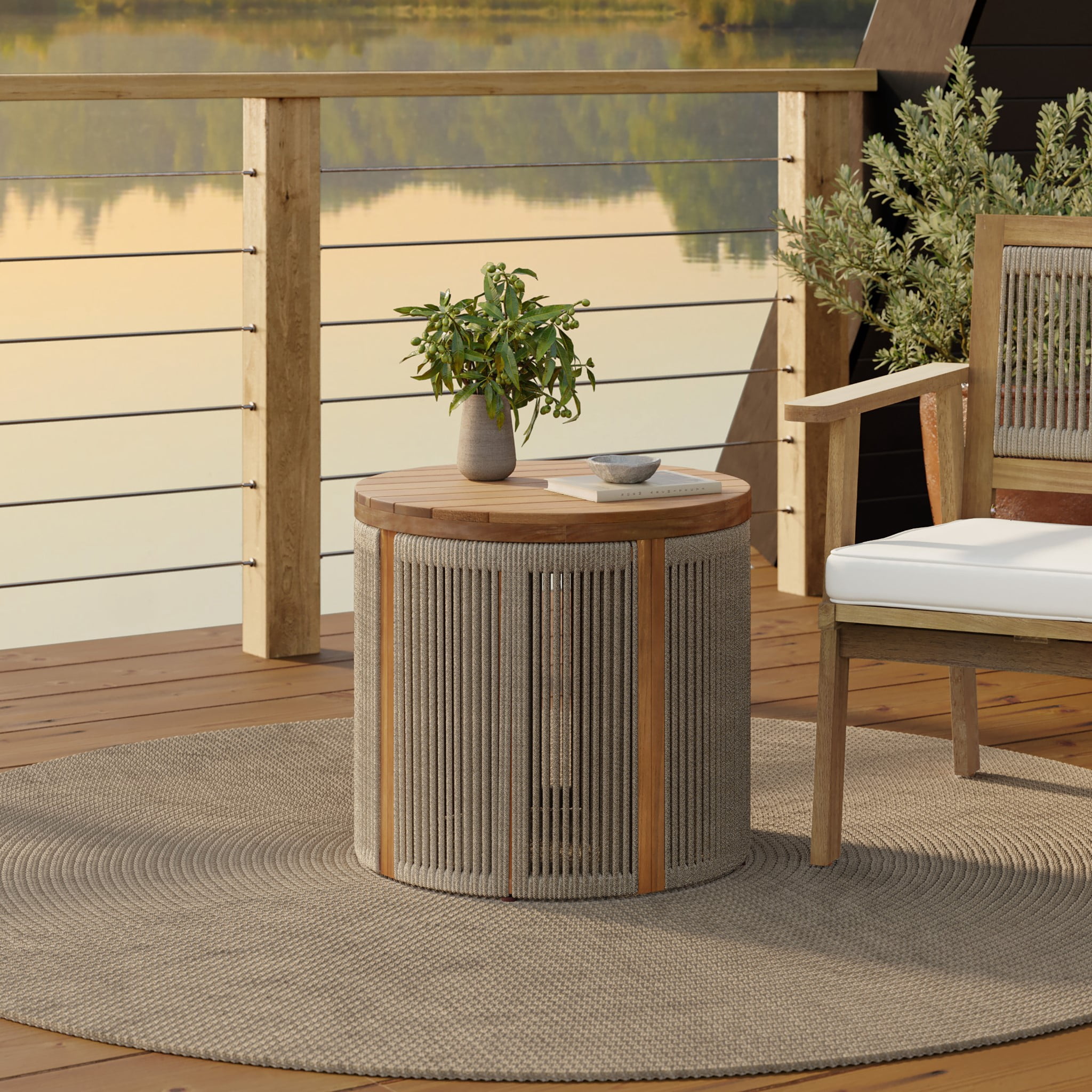 LuxenHome Outdoor Acacia Wood Rope Sides Round Drum Side and End Tables