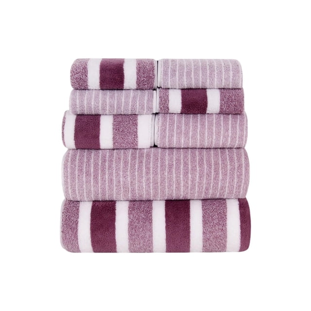 Purple 8-Piece Velvet Towel Set With Wide Stripe Pattern, High Absorbency And Double-Needle Stitching For Bathroom, Spa, Gym And Travel, 30X30 In, 70X140 In, 1.57 Lb