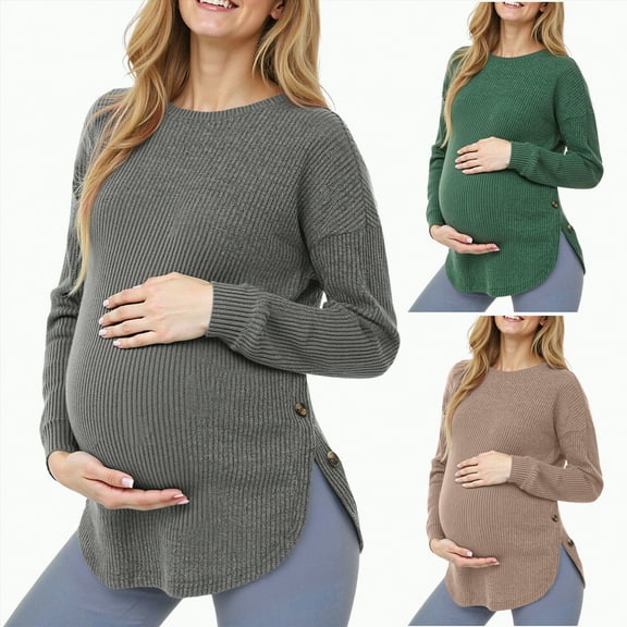 mgoYE Women's Maternity Shirts, Ribbed Long Sleeve Pregnancy Sweaters Crew Neck Slit Side Knit Pregnant Tunic Tee Top(Grey,M)