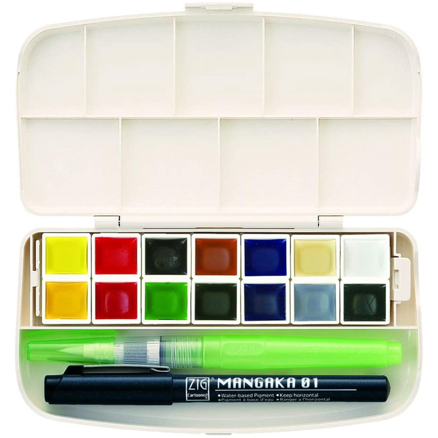 Kuretake Gansai Portable Watercolor Set - Set of 14, Assorted Colors, Half Pans