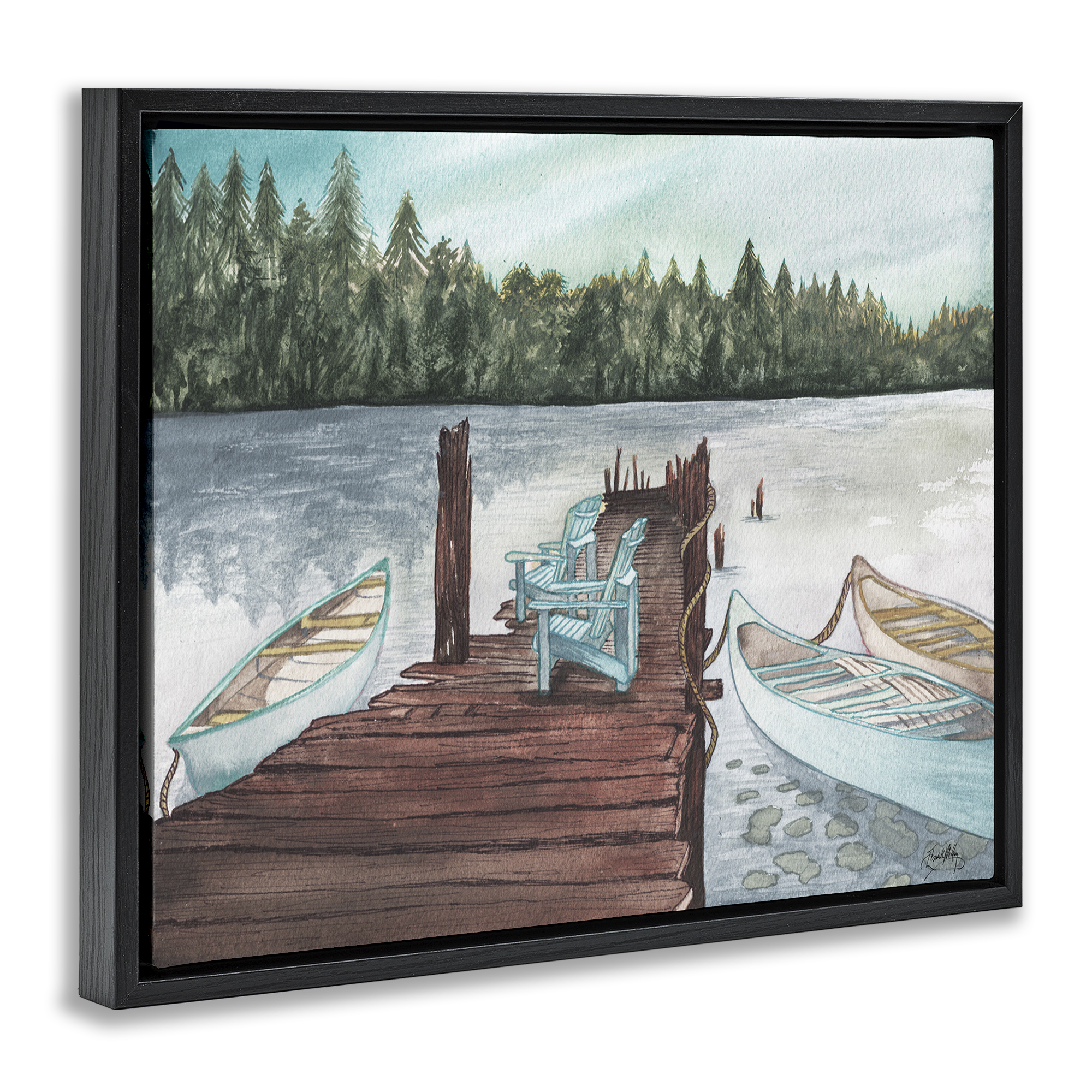 Stupell Industries Canoes at Lake Dock Landscape Painting Black Floater Framed Canvas Art Print Wall Art, 31 x 25