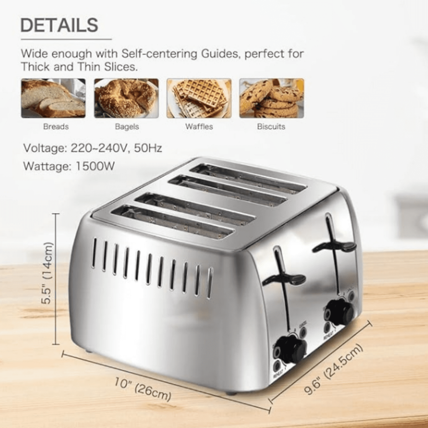 4 Slice Stainless Steel Bagel Toaster Extra Wide Slots with 6 Browning Setting, Bagel/Reheat/Defrost/Cancel Function for Toasting Bread, Bagels and Waffles, 1500W, Silver