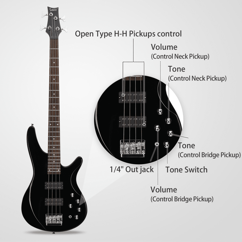 Tcbosik 4 String Electric Bass with H-H Pickup and Laurel Wood Fingerboard, 44 Inch Bass with Bag and Strap, Connecting Wire, Spanner Tool and Plectrum for Beginner, Black