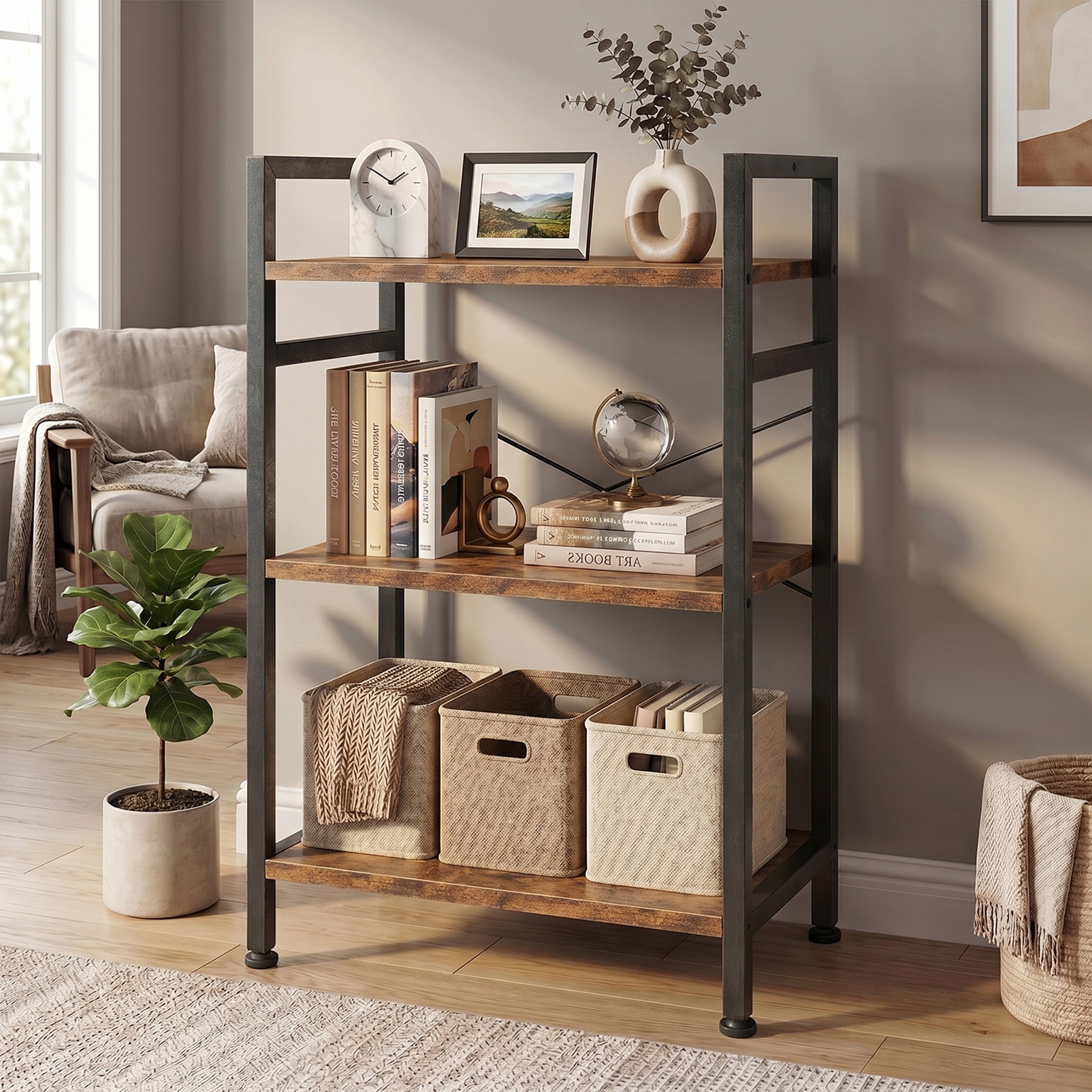 CONCETTA Bookshelf, 3-Tier Small Industrial Storage Shelf & Shelves, Metal Bookcase for Home Office, Living Room, Rust Brown