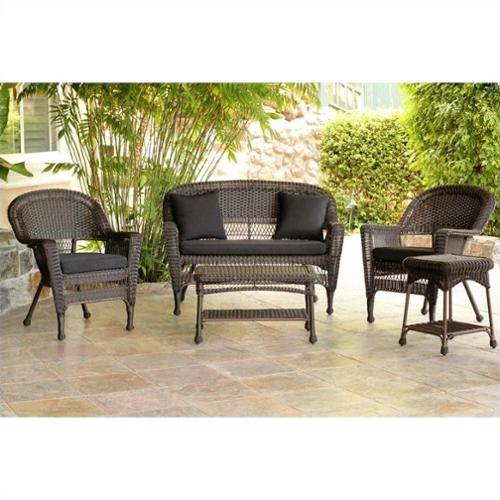 Jeco 5pc Wicker Conversation Set in Espresso with Black Cushions