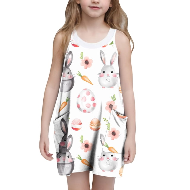 Vestido de Verano Informal Impreso sin Mangas para Niños 3-10T Vestido de Pascua para Niños Pequeños Estiramiento Suave Y Cómodo para la Fiesta de Vacaciones Escolares
