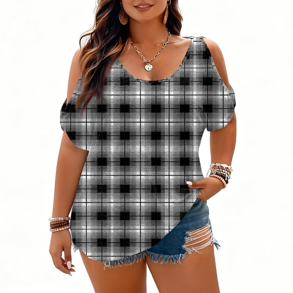 Trgacdwlo L-5XL Plus Size Women's Cold Shoulder Tops Plaid Crew Neck Womens Short Sleeve Shirt Hide Belly Boho Retro Womens Tunic Tops White XXL