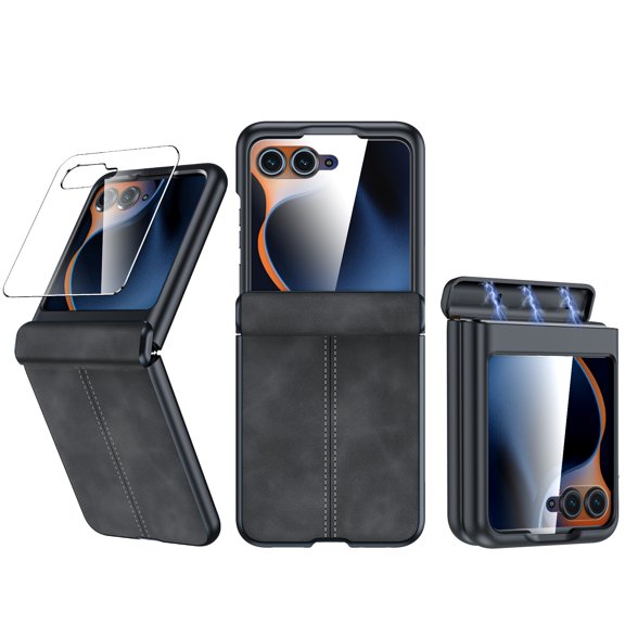 Vizvera for Motorola Razr Ultra 2026/Razr Ultra 2025 Case,with Screen Protector & Wireless Charging & Ultra Thin PU Leather PC Shockproof Case-Black