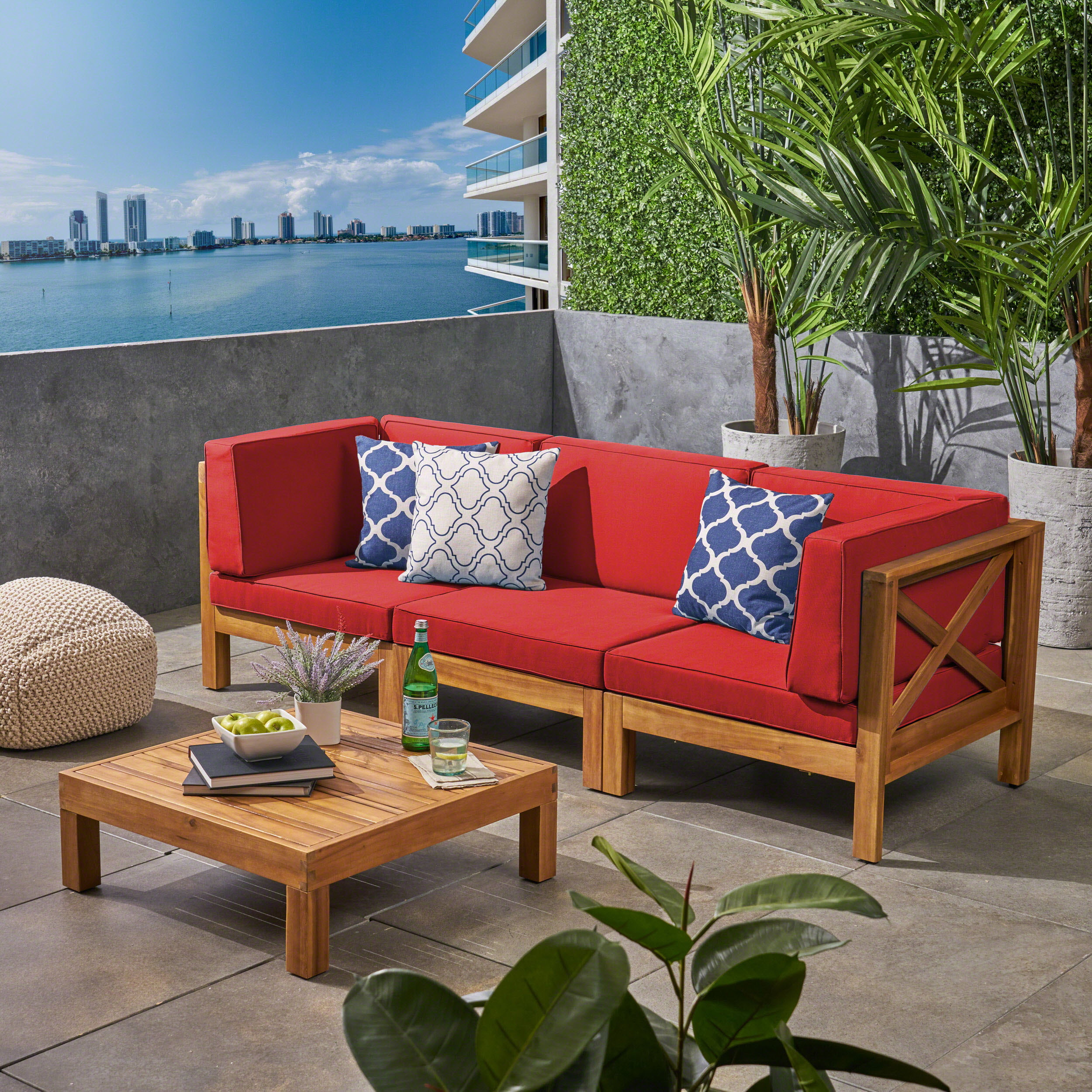 Teak and Red Roy Outdoor Acacia Wood 5 Seater Sectional Sofa Set with Coffee Table 