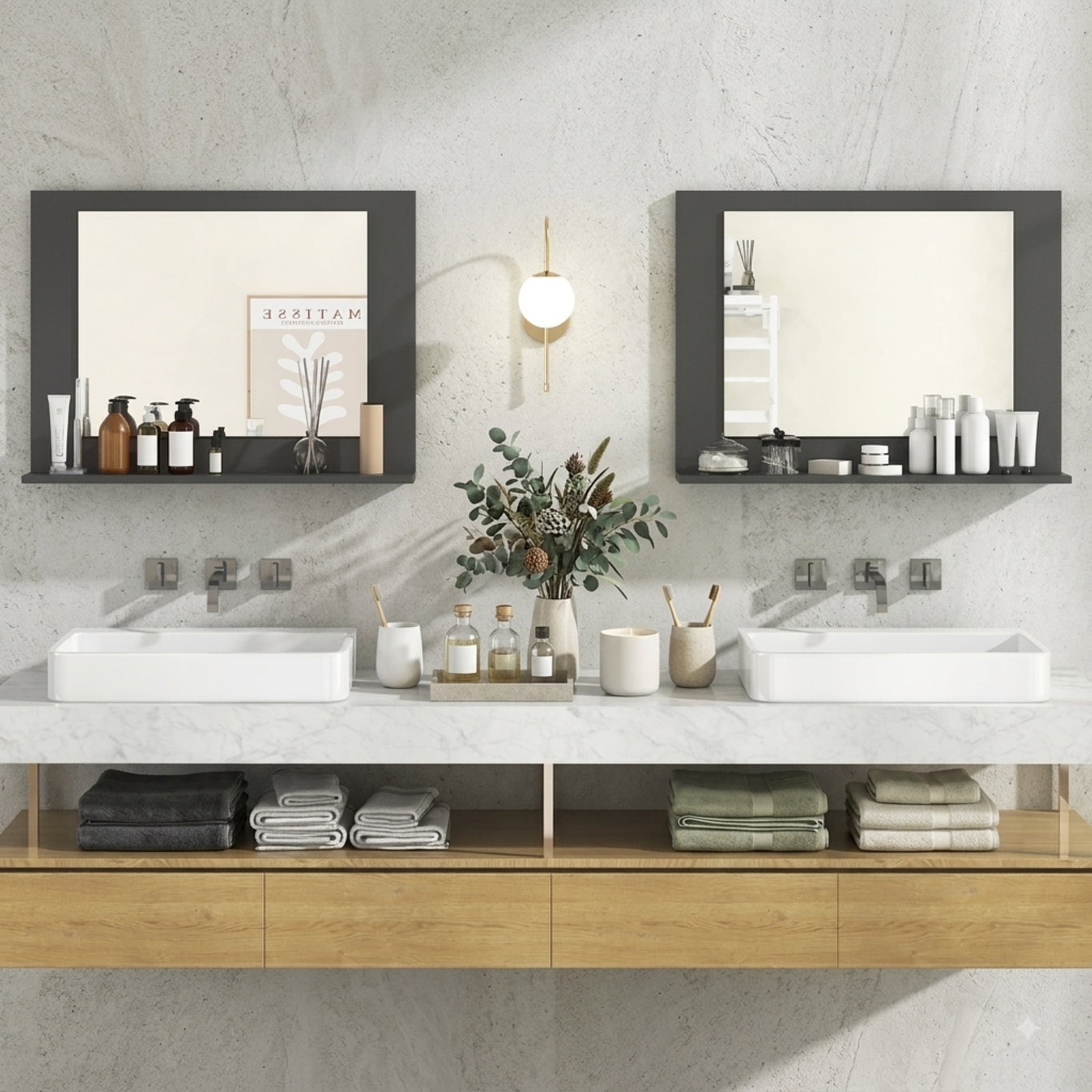 Vebreda Bathroom Wall Mirror, Rectangle Bathroom Mirror with Shelf 23.5 x 17.5 Inch and Wood Frame, Functional Design, Crystal-Clear Reflection