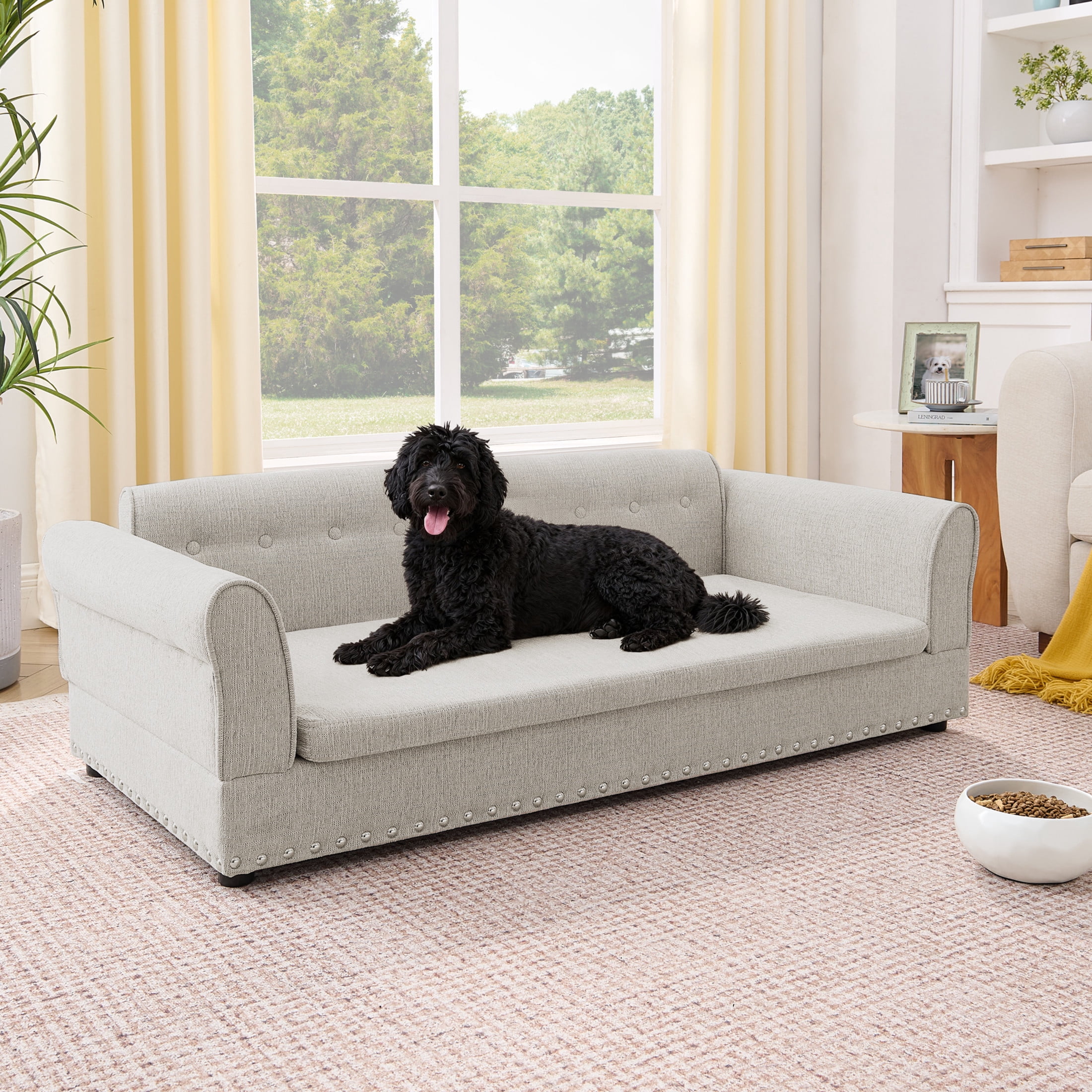 Noble House 55" Comfortable Elevated Pet Sofa, Elegant Oversized Linen Dog Bed with Support Armrests, Beige