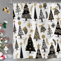Christmas Shower Curtain, Black Gold Xmas Tree Pattern Grey Pine Tree Gifts Holiday Bath Curtain Waterproof Fabric with Hooks for Home Decor, 72Wx84H