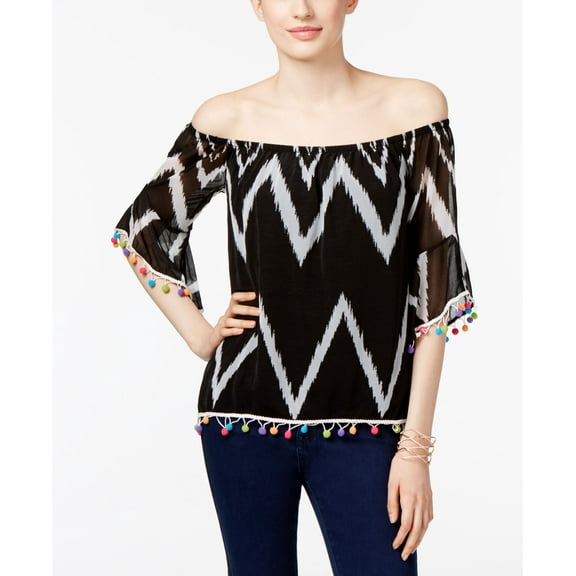 INC International Concepts Petite Printed Pom Pom Off The Shoulder Top Zig Zag Stripe Black PS