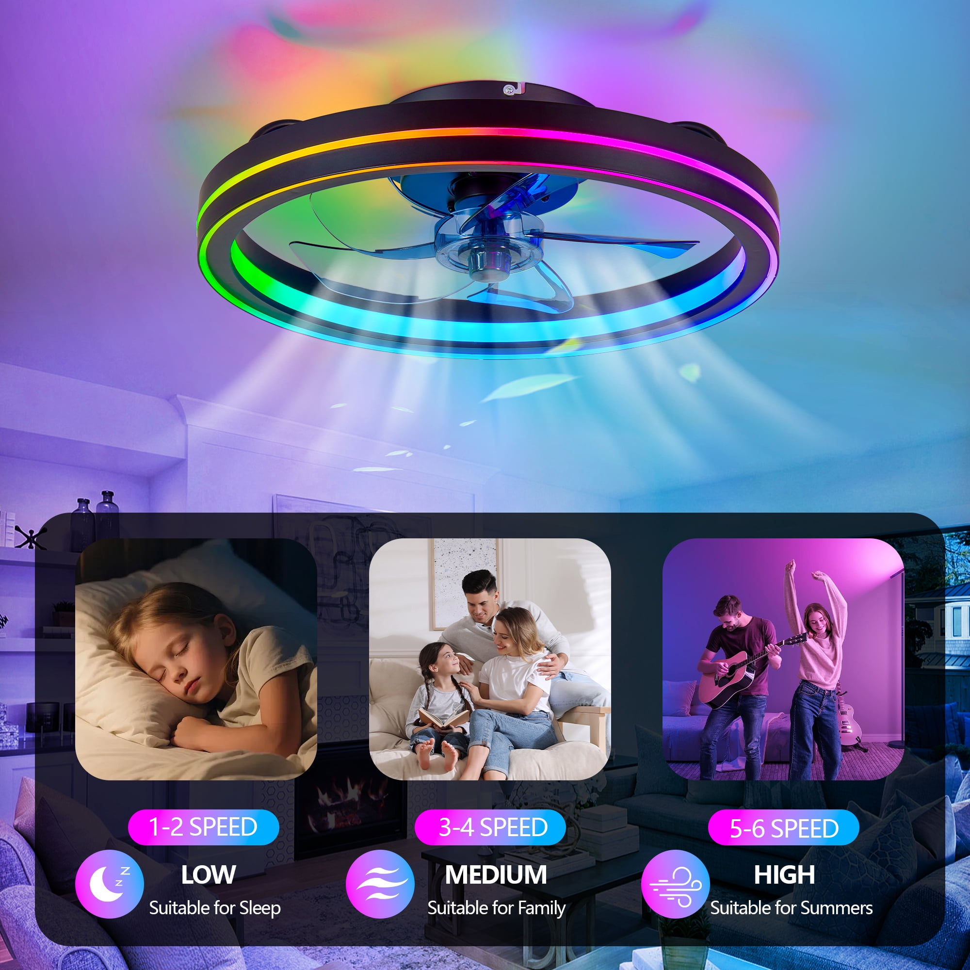 Miniyam 19" RGB Ceiling Fan with Lights and Remote Control, 6 Speed Low Profile Ceiling Fans with Lights, 3 CCTS Modern Bladeless Fandelier, Black