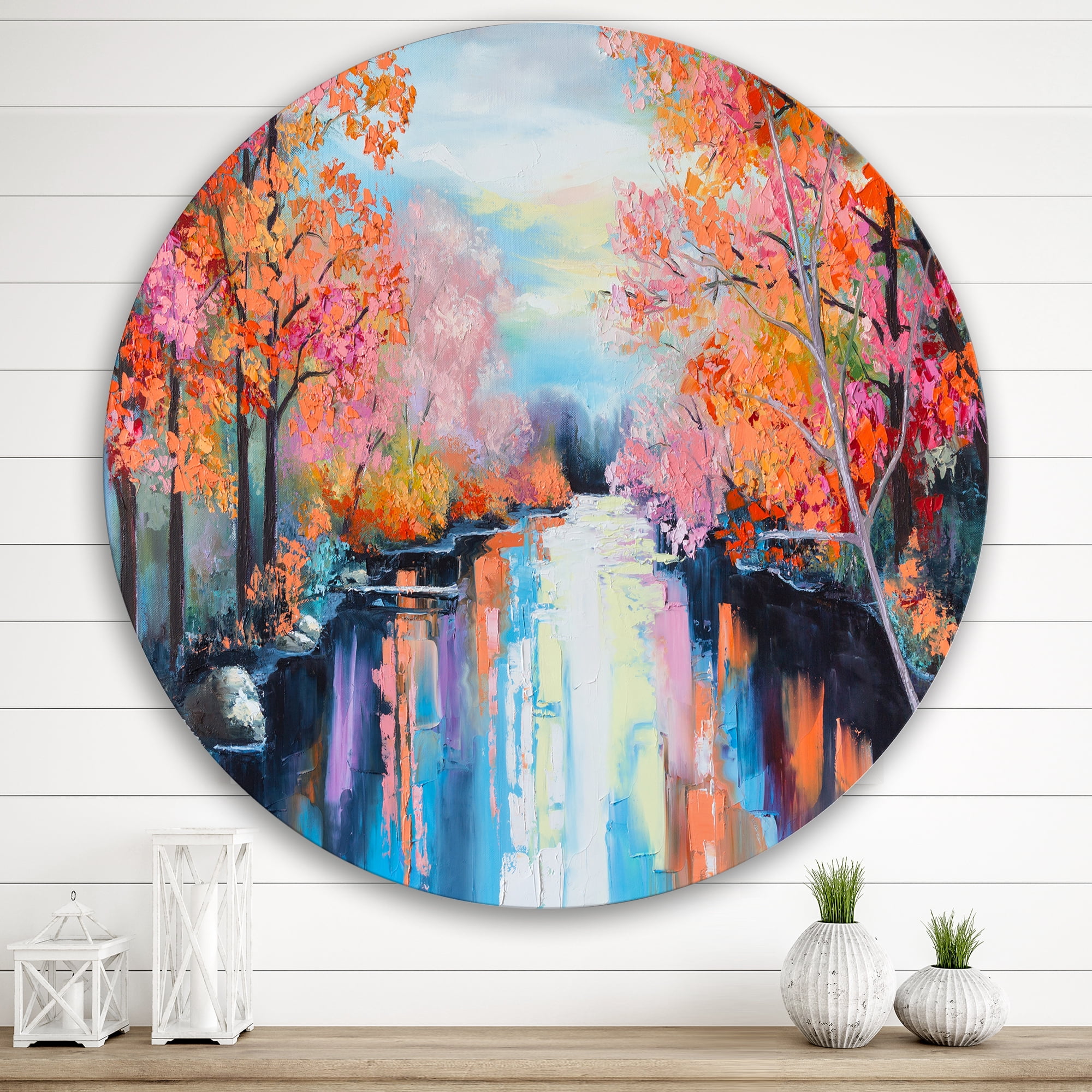 Designart 'The River Through Orange Autumn Forest' Lake House Circle Metal Wall Art 36x36 - Disc of 36