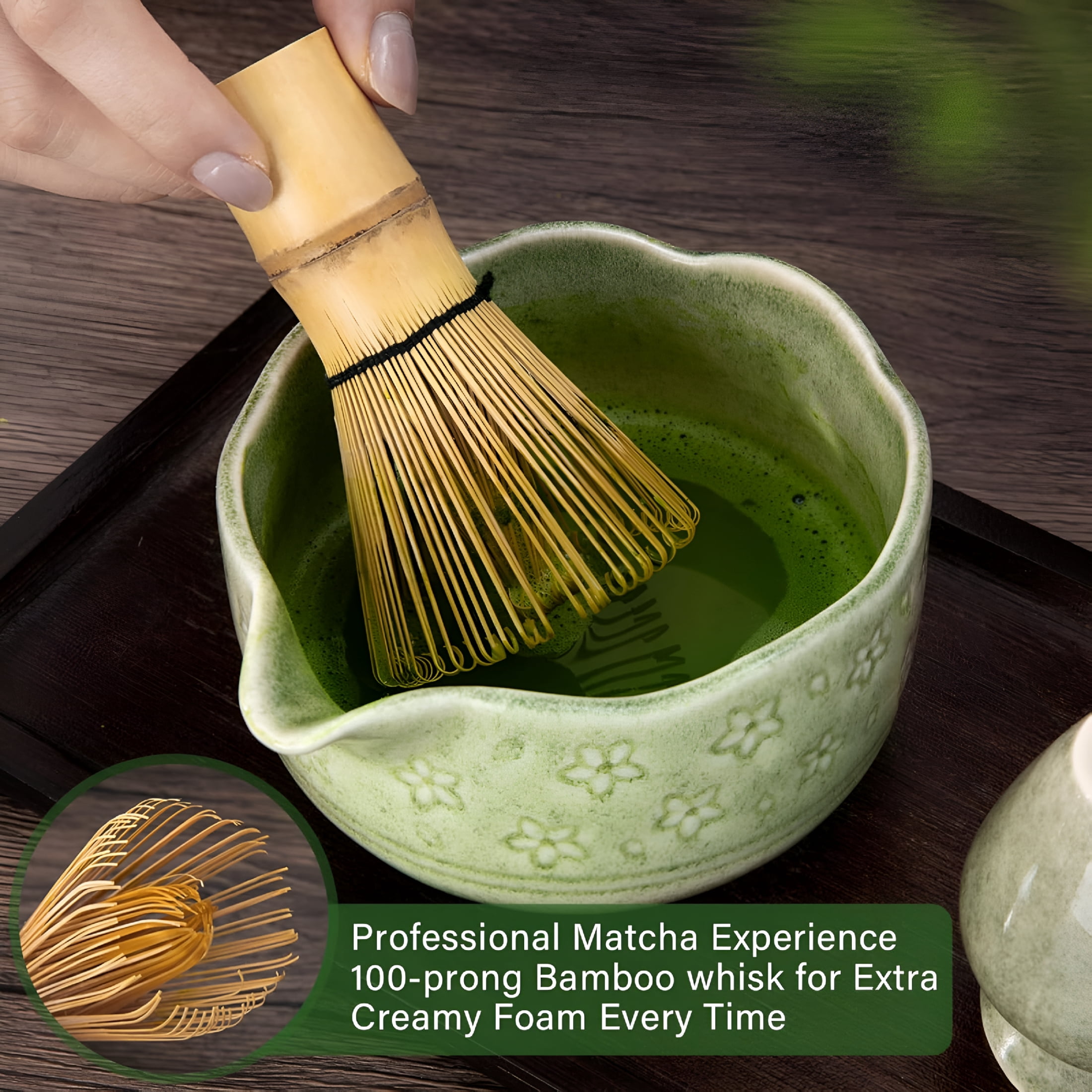 ACDANC Matcha Whisk Set-7 Pcs Ceramic Matcha Kit with 18Oz Spout Bowl&Cherry Blossom Design,Bamboo Whisk&Holder,Scoop,Rest,Sifter,Towel,Elegant Japanese Tea Gift Set