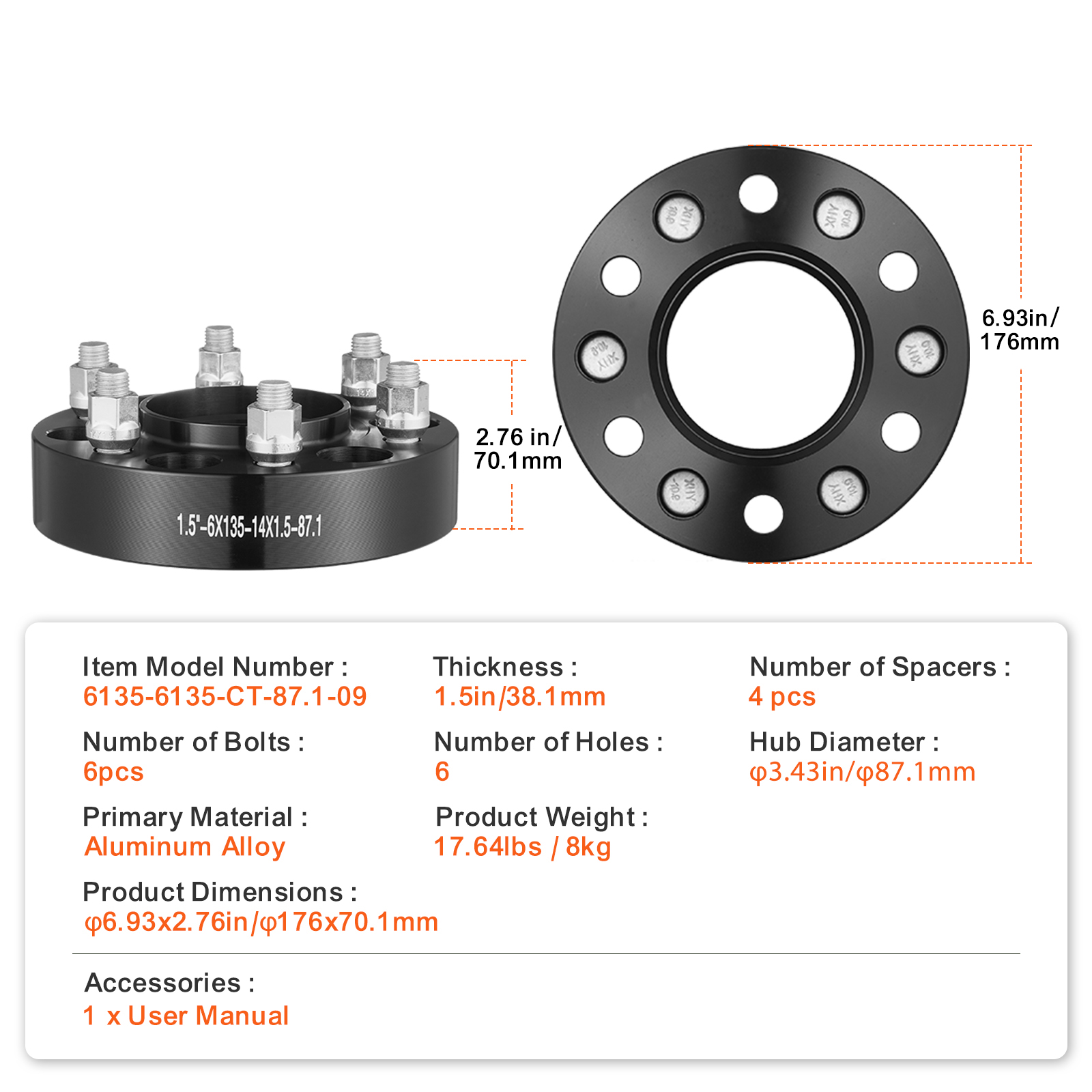 4pc 1.5” Hub Centric Wheel Adapters 6x135 To 6x5.5 – 87.1mm CB, M14x1.5, Black Steel