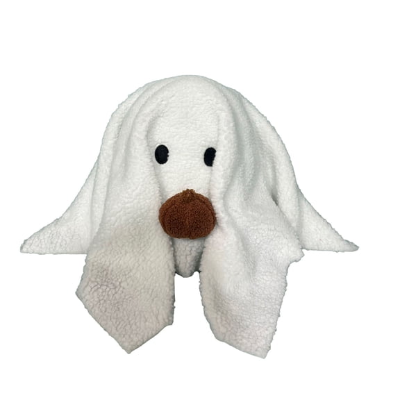 QLUEWX Halloween Sherpa Ghost Plush Decor with Blanket, 10.63 Inch Cute Stuffed Ghost Ornament with Black Cat Bat Pumpkin for Tiered Tray Tabletop Home Party Boo Basket Gift for Kids Toddlers