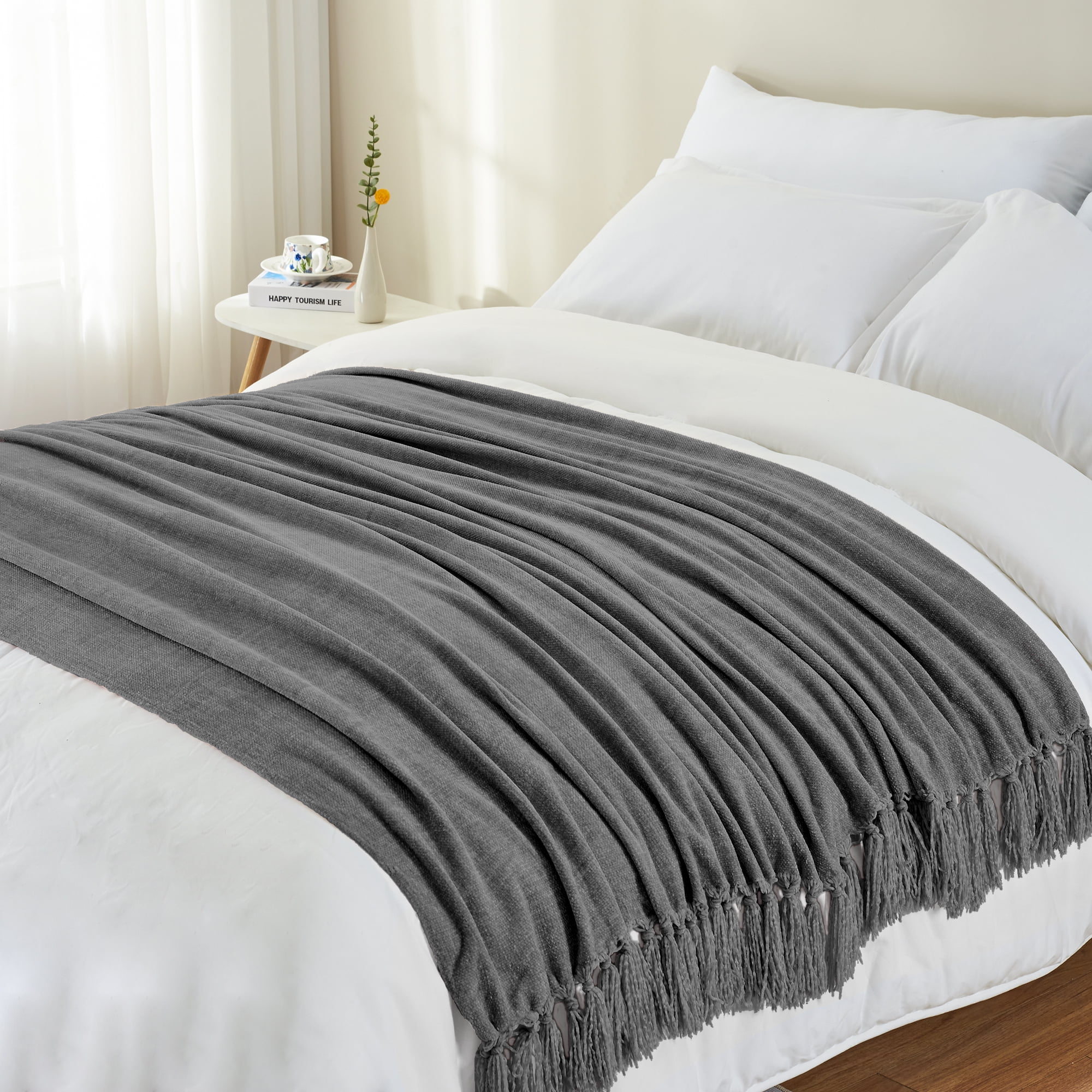 LONG CREATE Chenille Throw Blanket with Fringe Tassel for Couch Sofa Chair Bed, Dark Grey 50" x 70"