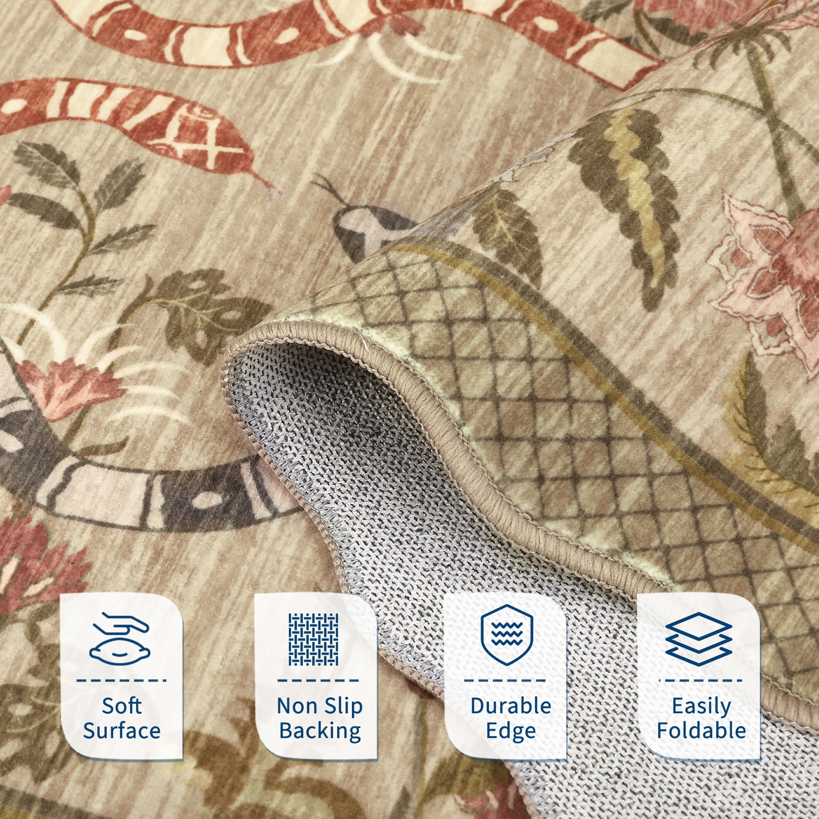 HOMERRY Area Rug 5' x 7' Rugs for Living Room Modern Washable Indoor Scalloped Snake Animal Floral Print Carpet, Brown