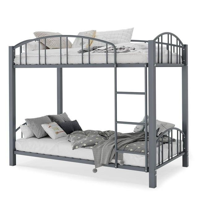 Metal Bunk Bed Twin Over Twin, Heavy Duty Bunkbeds Frame with Arched Guardrail and Safety Ladder, Sturdy Steel Bed,Space-Saving, No Box Spring Needed, Modern