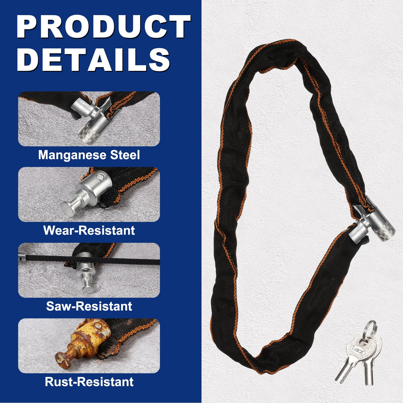 Uxcell Chain Lock, (2ft x 1", Silver) (1 Pcs), Thick Manganese Steel Anti-Theft Bike Chain Lock with 2 Keys, Suit for - Bikes/Trailers/Motorcycles/Garage Security