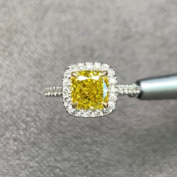 3Ct Cushion Cut Vivid Yellow Lab Created Diamond Ring 14k White Gold Plated