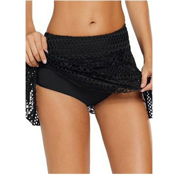 Women's Zip Pocket High Waist Bikini Tankini Bottom Swim Skirt Swimsuit,Black,S  