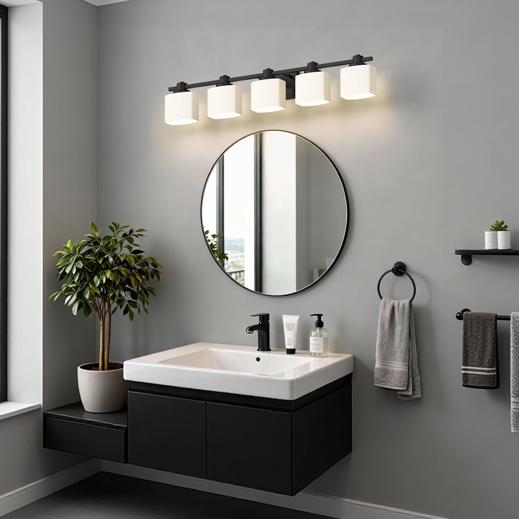 YANSUN 39.8 in 5-Light Bathroom Vanity Light, Black Linear Sconce with Square Milky Glass Shades for Bathroom, Vanity Table (Bulbs Not Included)