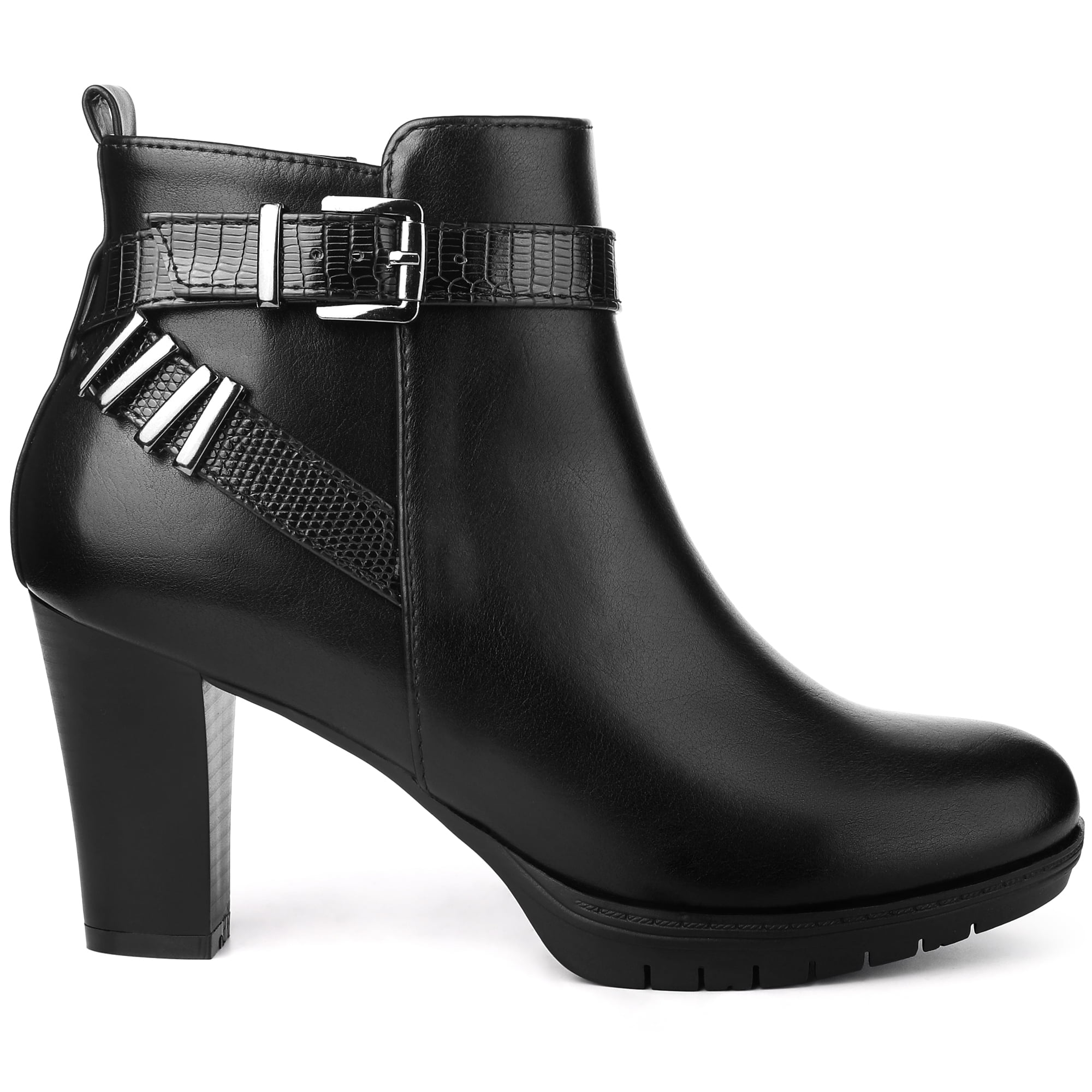 Unique Bargains Platform Block Heel Boots Buckle Ankle Boots for Women Black 9