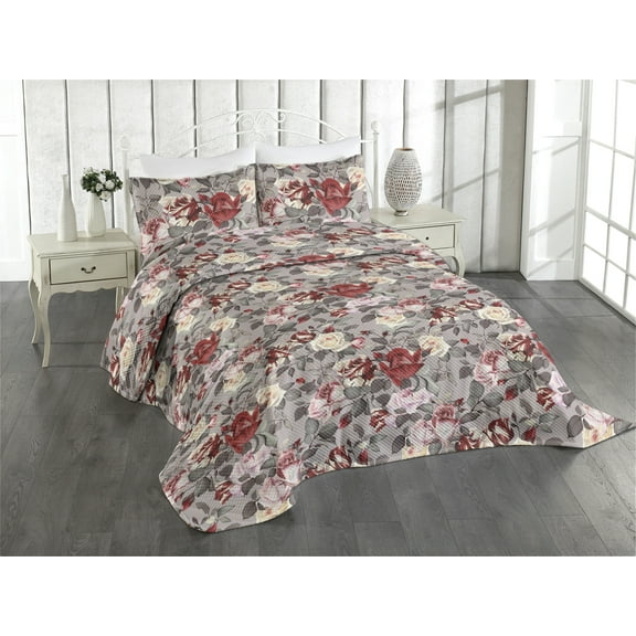 Ambesonne Springtime Quilted Coverlet 3 Pcs, Floral Romantic Vintage, King Size, Pale Mauve and Dark Pink