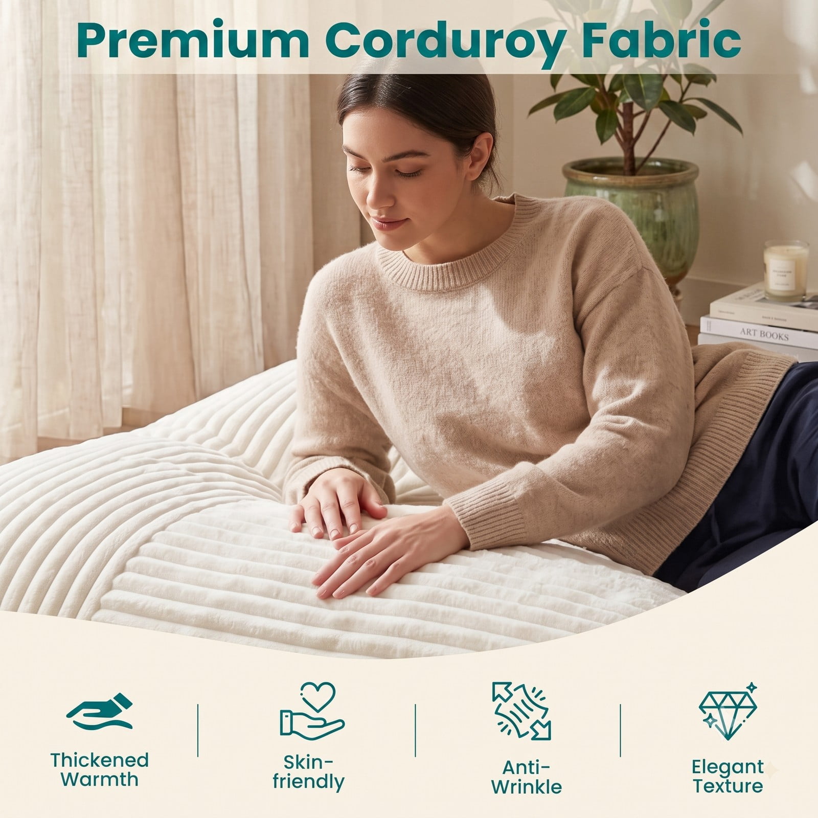 Furnibear Convertible Bean Bag Floor Sofa with Machine-Washable Corduroy Cover, Shredded Foam Lounger Bean Bag Bed for Dorm Living Room Reading Gaming, Beige