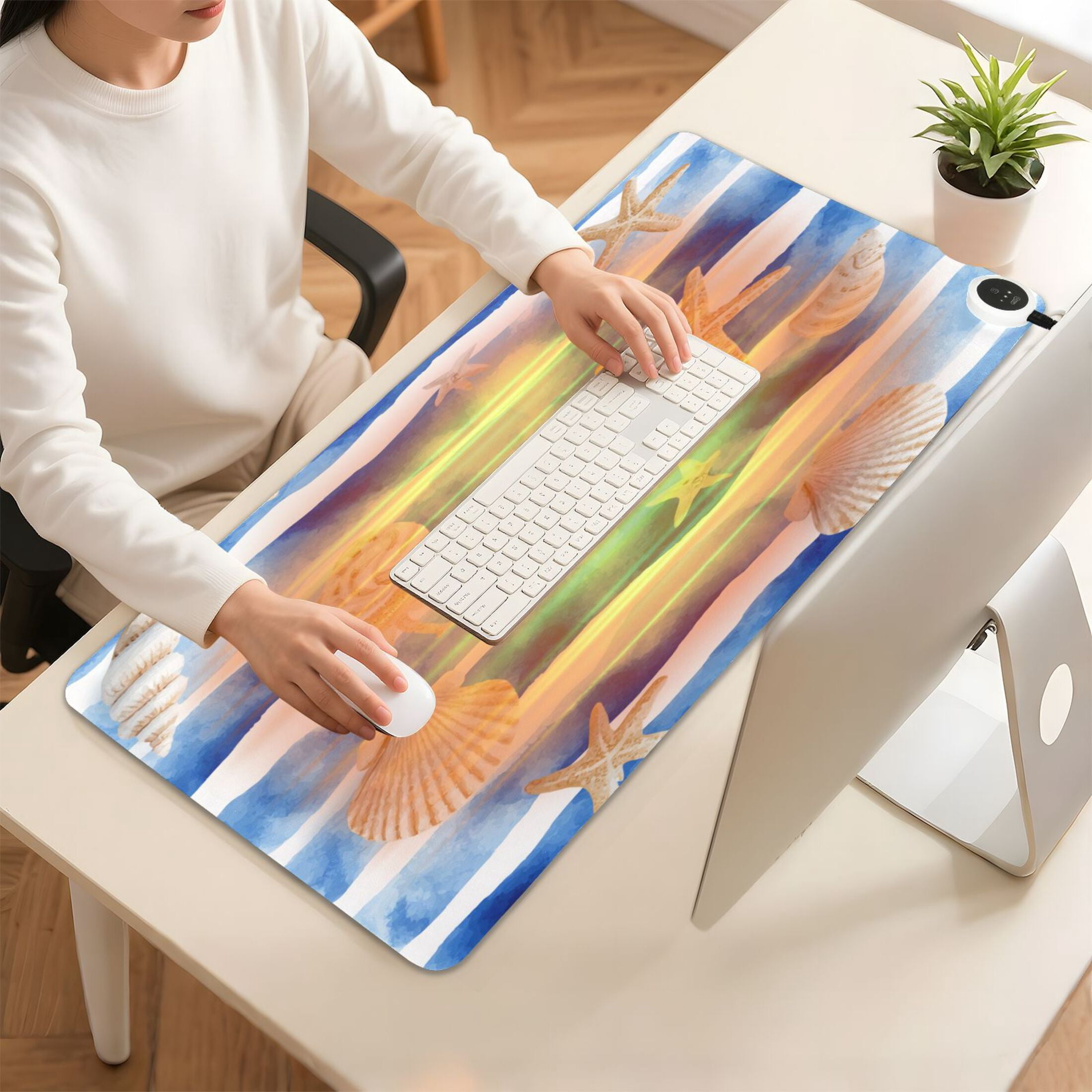Large Heated Desk Mat Mouse Pad 31.5"x13"PU Leather Graphene Heating Desk Warmer with 3 Temperature Settings 110V US Plug Non-Slip Warm Pad for Home, Office, and Gaming Blue Nautical Stripes Pattern