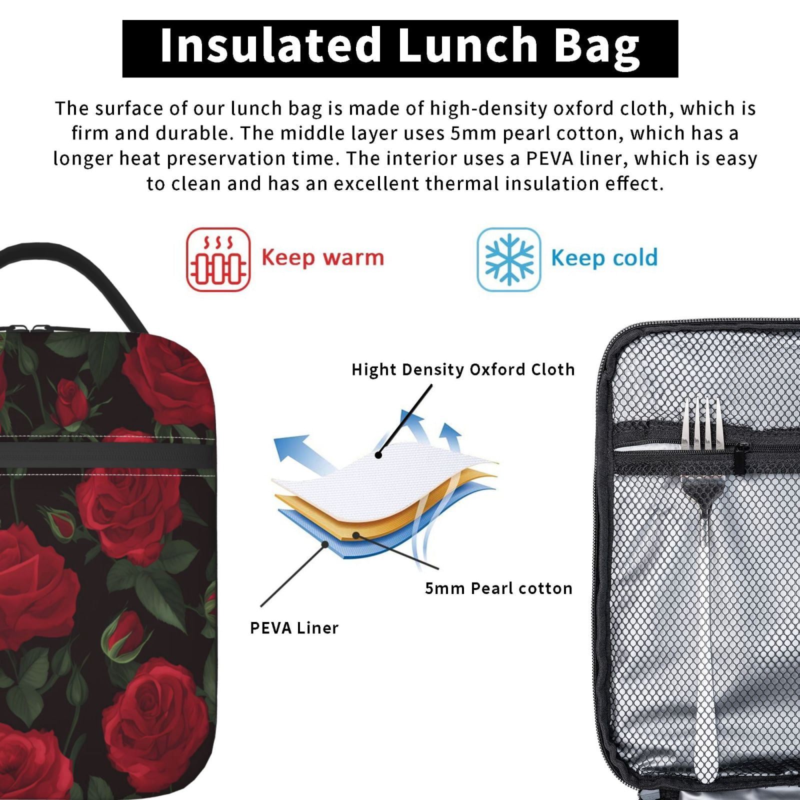 Lunch Bag For Women Men Insulated Portable Lunch Box Bento Box Office Picnic Travel Cooler Bag Red Rose Flower (2)