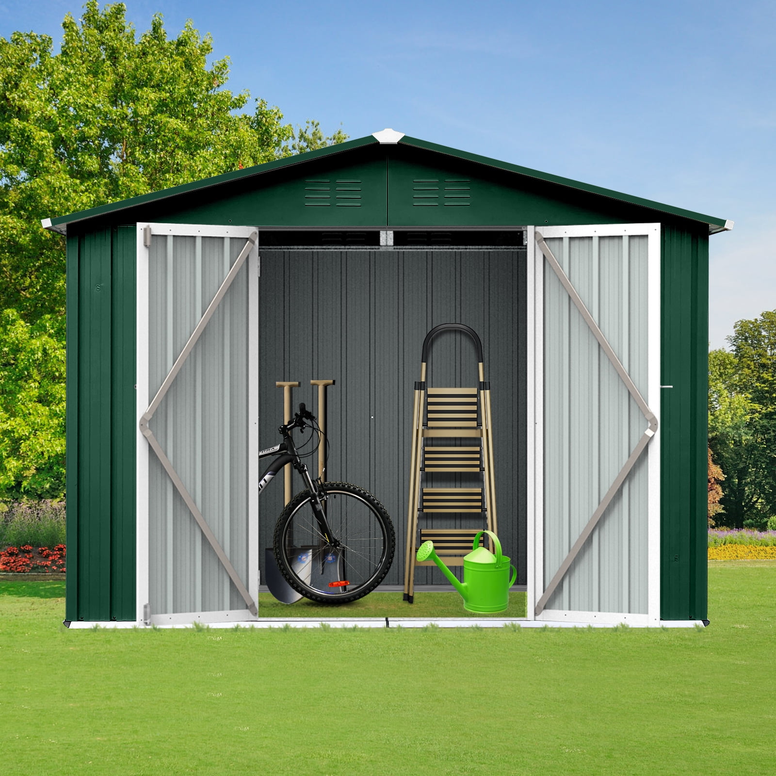 Alvantor Outdoor Storage Shed Metal Garden Shed with Apex Roof & Hinged Door, Green + Black, 8x6 FT