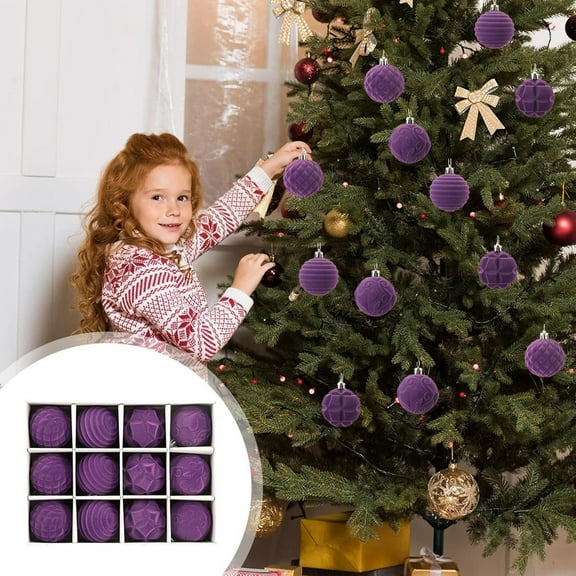 12PCS Velvet Christmas Balls Bulk - Flocked Burgundy Xmas Tree Ornaments, Hanging Decorations for Holiday Decor