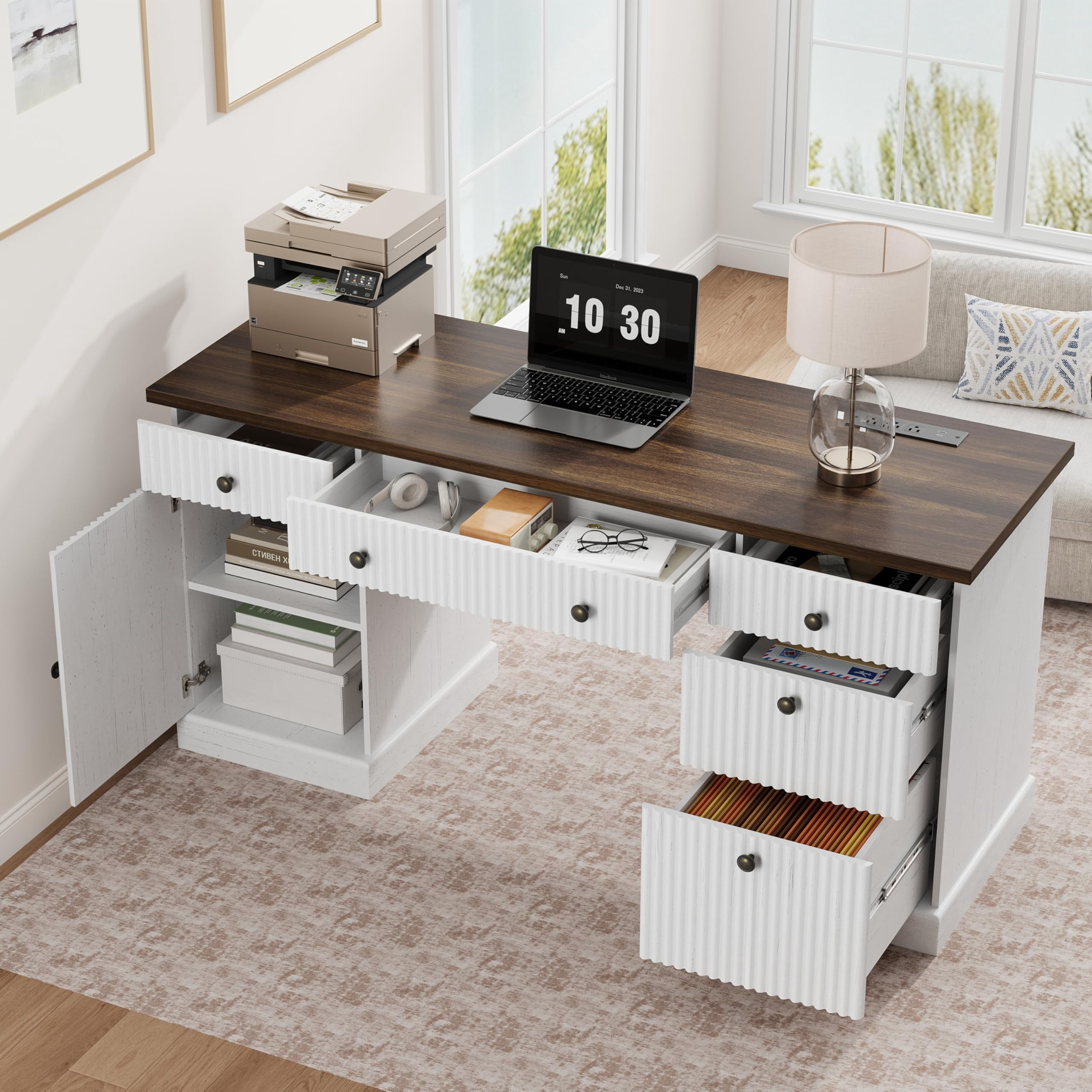 BouPower Executive Desk with File Drawers,60" Fluted Home Office Desk,Gaming Desk,Wood Computer Table for Home Office,Study,Living Room and Bedroom