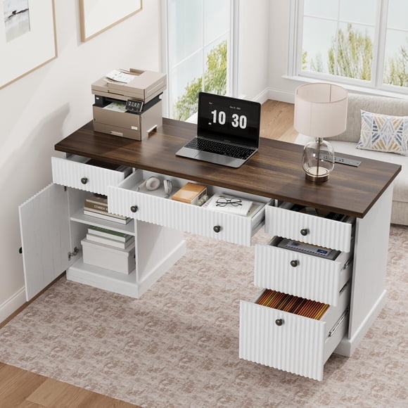 Fluted Detail Executive Writing Desk, 60 Inch Home Office Storage Desk with Charging Port and Organized Drawer System