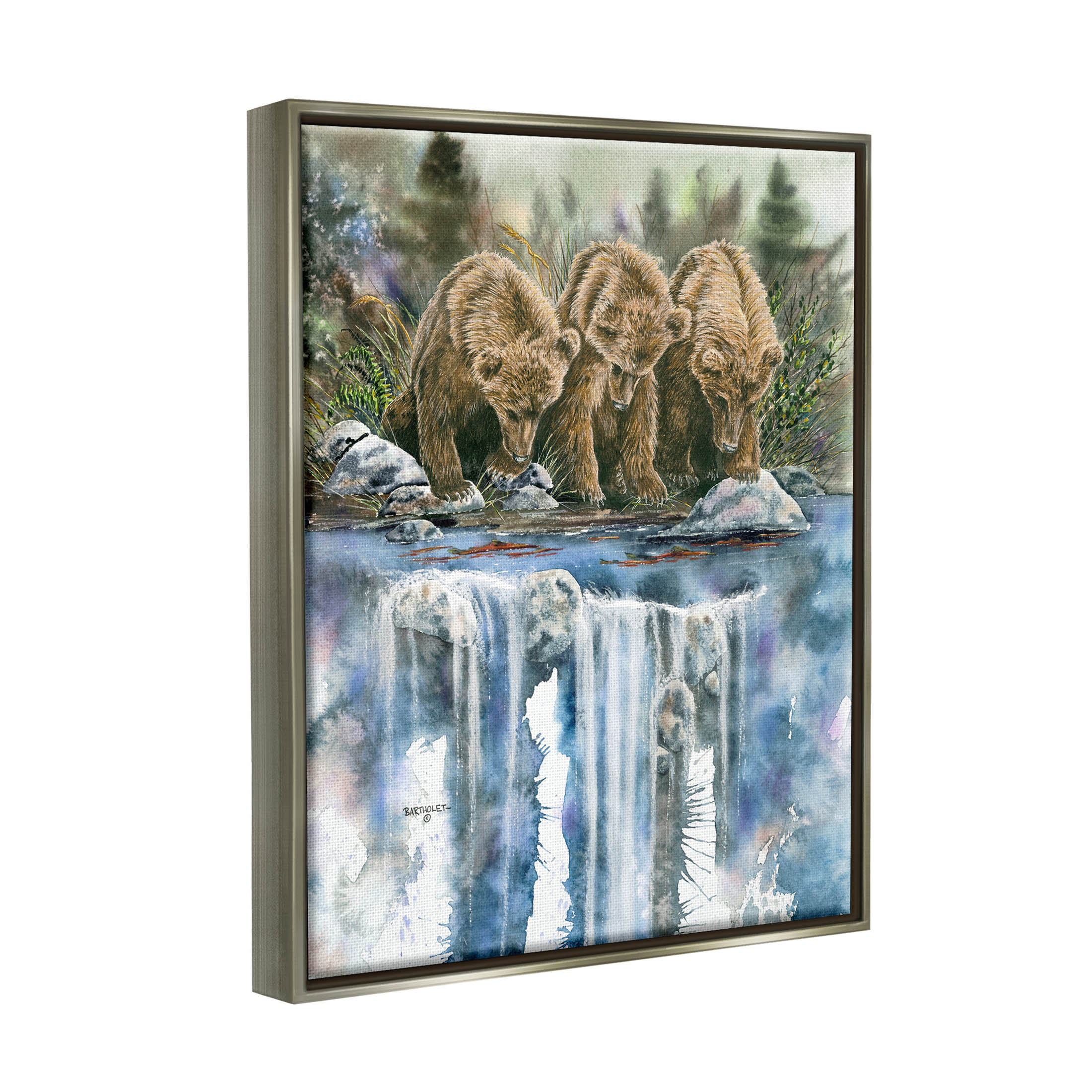 Bear Trio Fishing Lake Reflection Animals & Insects Graphic Art Luster Gray Framed Art Print Wall Art